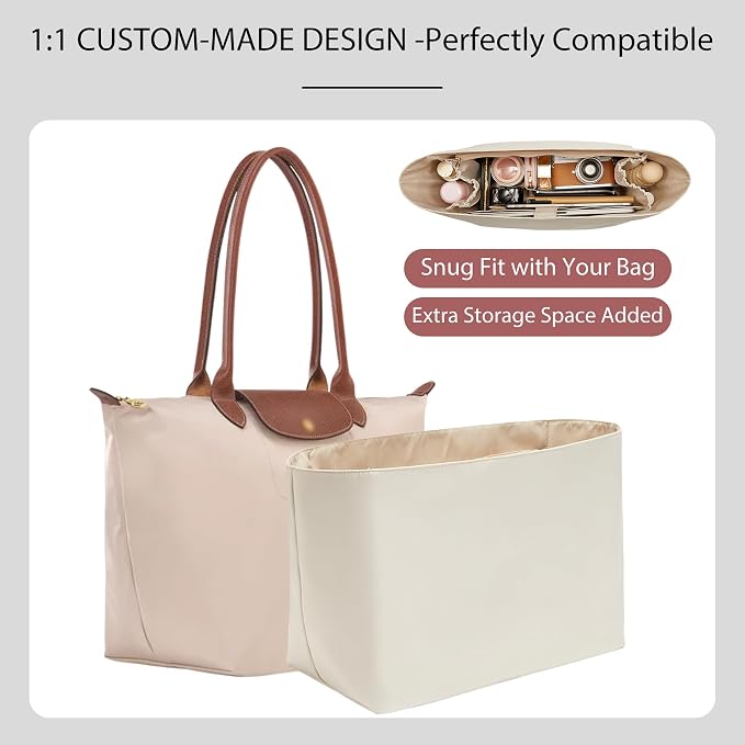 Laptop Sleeve Bag Organizer for Longchamp Le Pliage Large, White | Soft Nylon Purse Insert, 5 Pockets, 13"Laptop Sleeve, Elastic Cup Holder, YKK Zipper Pocket, Keeps Tote Handbag Neat Shape - Image 8