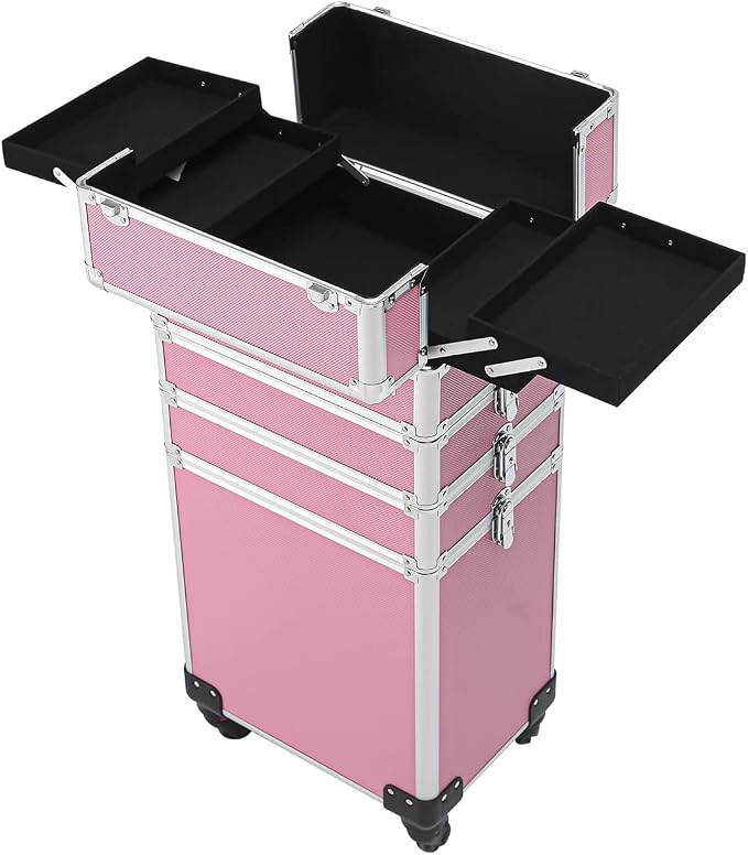 Karl home 4 in 1 Makeup Train Case Rolling Cosmetic Trolley Large Capacity Travel Organizer with Key 360°Swivel Wheels for Beauticians Hairstylists Nail Tech Students, Pink - Image 4