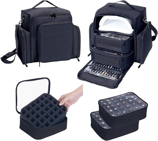 Nail Polish Organizer Case Hold 60 Bottles with 2 Detachable Bag,Black | Portable Travel Storage Box Designed for Women's Nail Tools, Essential Oils and Cosmetics Sets by UOZL