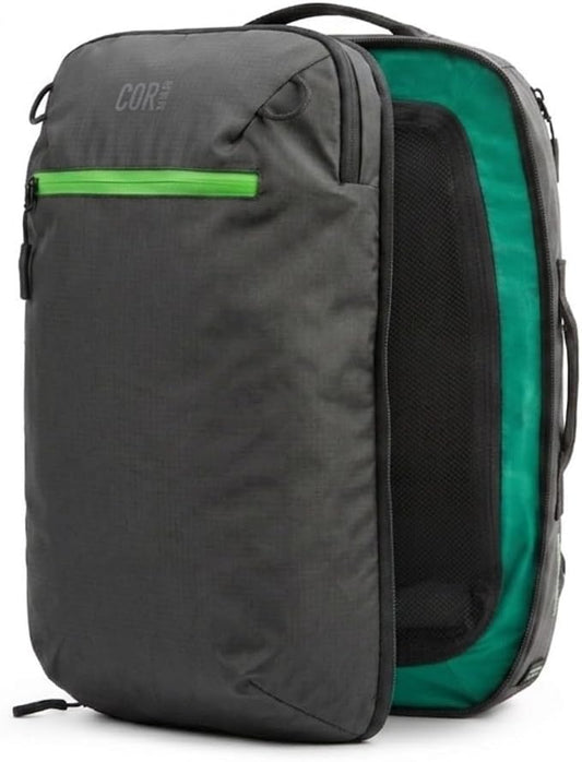 COR Surf Travel Backpack Carry On Backpack for Airplanes - Island Hopper 2.0 - Travel Backpack with Clamshell Design -Black with Green Zipper by CORSurf