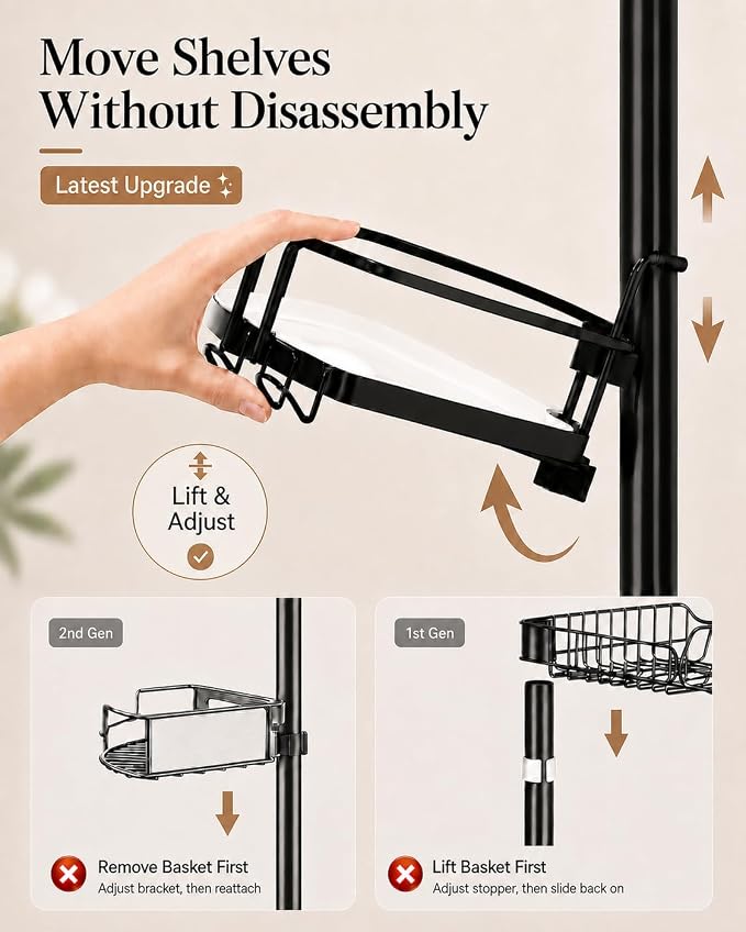 ALLZONE Corner Shower Caddy Tension Pole, 4 Hang-On Basket with Mixed-Height Shelves for Various Bottle Sizes, Extra Hooks & Soap Holder, Rustproof Stainless Steel, Fits 34–116 Inch, Black/White - Image 2