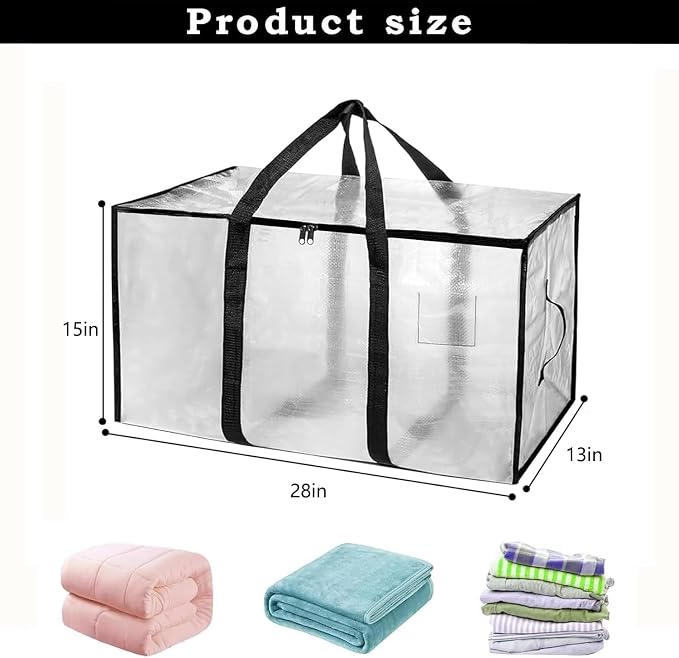 8 Pack-Extra Large Heavy Duty Moving Bags - Waterproof Storage Totes with Handles & Zippers, Foldable for College Dorm, Storage (Clear) - Image 2