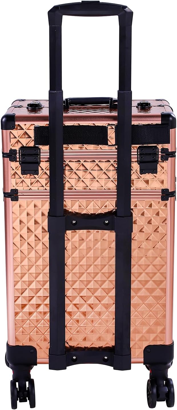Karl home 4 in 1 Makeup Train Case Rolling Cosmetic Trolley Large Capacity Travel Organizer with Key 360°Swivel Wheels Suitcase for Beauticians Hairstylists Nail Tech Students, Rose Gold - Image 9
