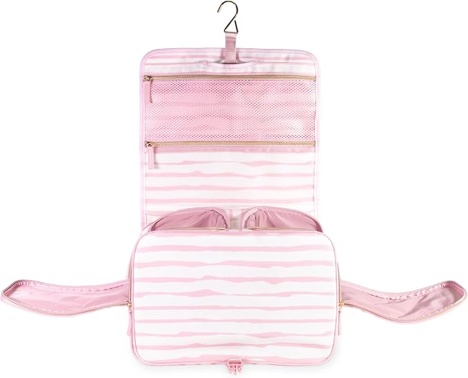 kate spade new york Hanging Toiletry Bag, Goddess Stripe | 8.5" x 12.75" x 6" Travel Organizer with Gold Hook, 2 Large Bottle Compartments, Mesh & Clear Pockets, Nylon & Mesh - Image 3