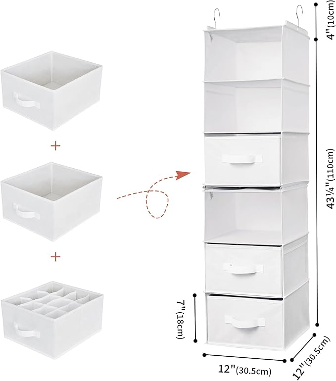 GRANNY SAYS 6-Shelf Hanging Organizer for Closet, Separable to 2 Pack 3-Shelf Hanging Shelves, Organization and Storage with 3 Different Drawers, 4 Side Pockets, White, 1-Pack - Image 3