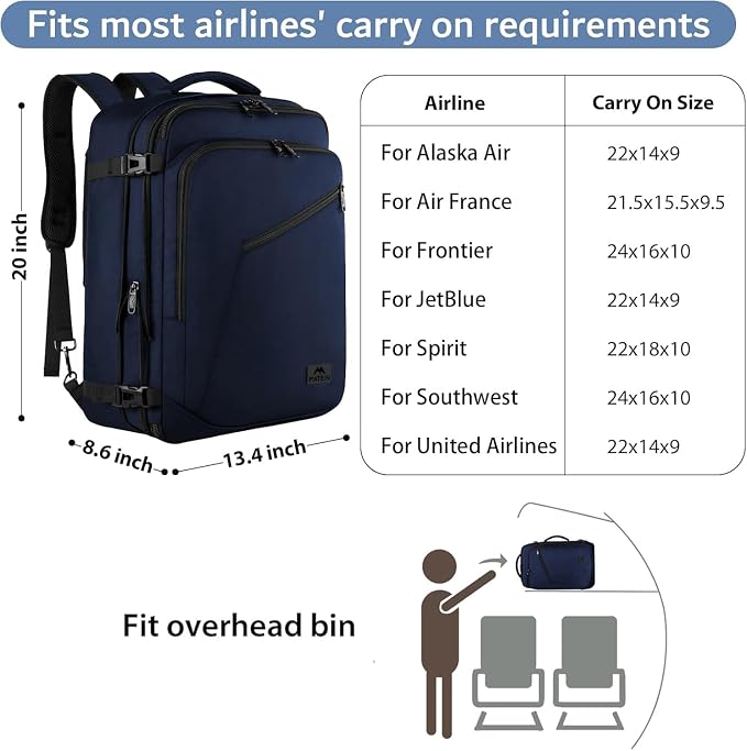 MATEIN Extra Large Mens Travel Backpack Carry on, Expandable Traveling Backpack for Men Airline Approved, Water Resistant Business Casual Daypack, Traveler Gift, Blue | Airline Approved, Water Resistant, Business Casual Daypack for Traveling, Internati... - Image 2