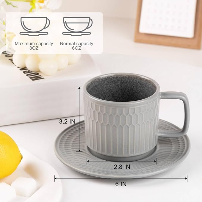 8oz Cappuccino Cups with Saucers Set of 4, 8 Ounce Stackable Embossed Ceramic Coffee Mugs for Specialty Coffee Drinks, Latte Mugs, Cafe Mocha and Tea, Dishwasher & Microwave Safe (Grey) - Image 2