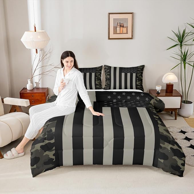 American Flag Comforter Set Full Military Camo Down Comforter,Retro Army Green Camouflage USA Flag Bedding Set For Kids Boys Teens Men Bedroom,Black Grey Stars Stripes Quilt Duvet Set 2 Pillow Cases - Image 5