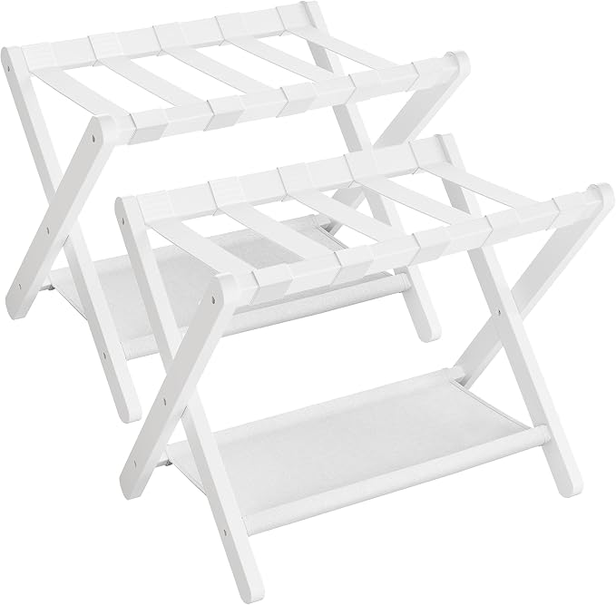 SONGMICS Luggage Rack, Set of 2, Folding Suitcase Stand with Storage Shelf, for Guest Room, Hotel, Bedroom, Heavy-Duty, Holds up to 131 lb, Cloud White URLR007W02 by Unknown