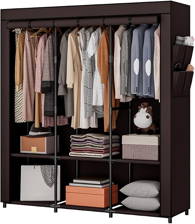 SORCEDAS Portable Closet Wardrobe Storage Organizer Metal Hanging Rack Non-Woven Fabric 50 Inch (Coffee) by SpecialYourHome