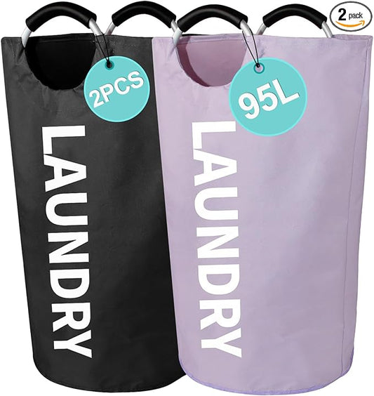 WOOHA 2 Pack 95L Laundry Hamper, Collapsible Laundry Basket with Padded Aluminum Handles, 600D Oxford Fabric Dirty Clothes Hamper, Collapsible Large Storage Bins for Dorm, Bedroom, Purple + Black by WOOHA