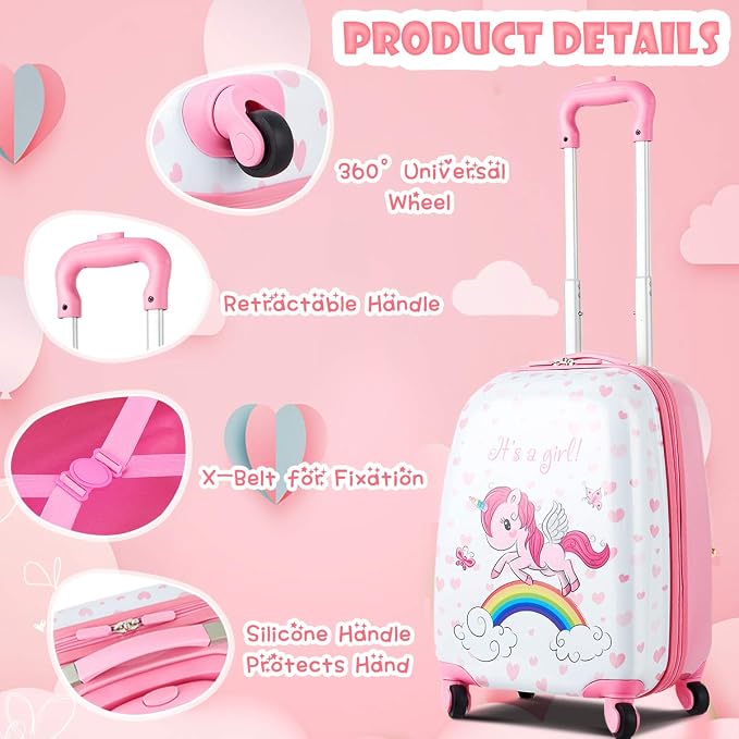 HONEY JOY 2 Pcs Kids Carry On Luggage, 12" School Backpack & 16" Rolling Suitcase, Waterproof Hard Shell Travel Case with Spinner Wheels, Gift for Boys Girls Overnight Travel, Pink Unicorn - Image 4