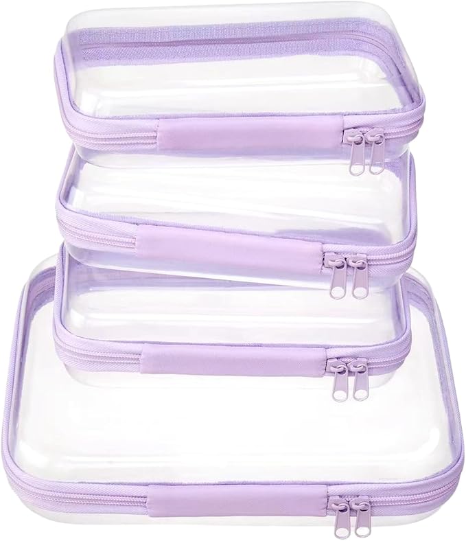 4 pcs Clear Zipper Pouches,Hard Shell Zipper Case, Toiletry Bag for Travel | CLear Diaper Bag, Toiletry Pouch, Travel Organizer, Cosmetic Bag,Toy Storage Bins (M+3S) (Lavender) by WELPIRT