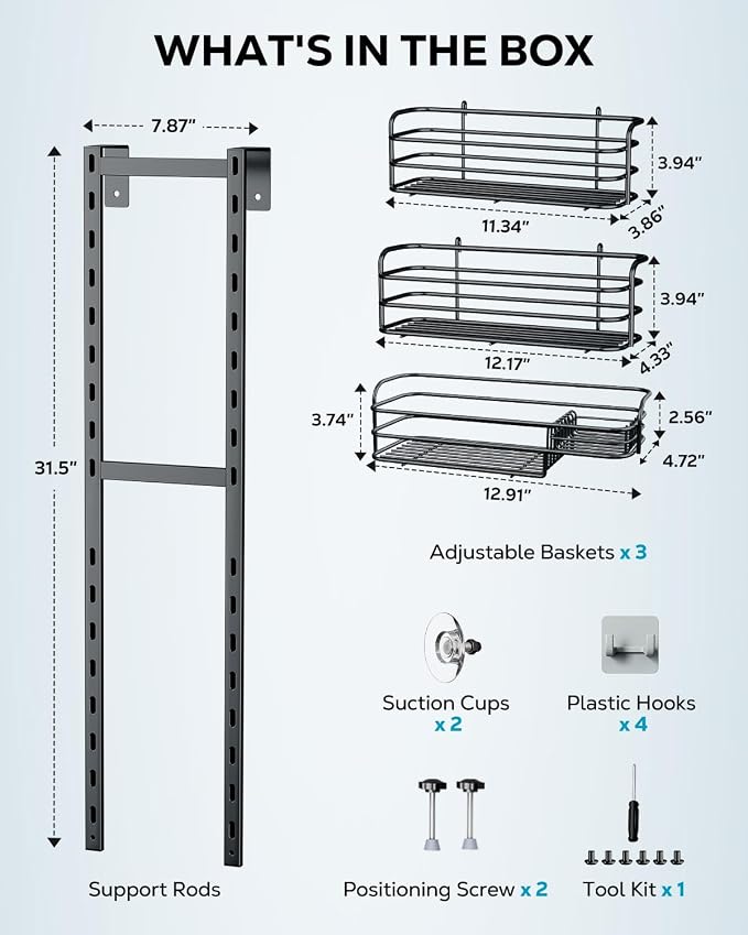 Nieifi Over The Door Shower Caddy, Adjustable Hanging Shower Organizer | Adjustable hanging baskets, 4 hooks, large capacity, rustproof steel, pantry organizer, drill free, for bathroom, black - Image 8