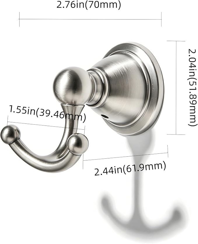 khtumeware 2 Pack Brushed Satin Nickel Robe Hooks Wall-Mounted Heavy-Duty Towel Hooks, Zinc Alloy Bathroom Coat Hooks and Suitable for Hanging Towels, Bathrobes, Clothes, Hats and Bags. - Image 2