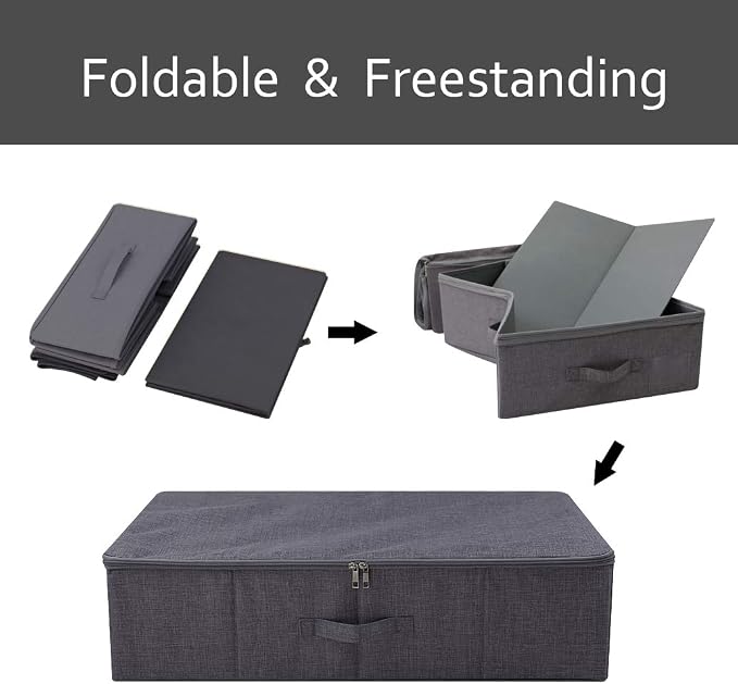 Folding Fabric Rigid Under Bed Closet Storage Bins with Zip Lid,Black Gray | Under bed Storage Boxes for Bedding/ Clothes/ Duvets/ Blankets/ Shoes, Hard Plastic Boards inside, 4 Handles, Washable - Image 7