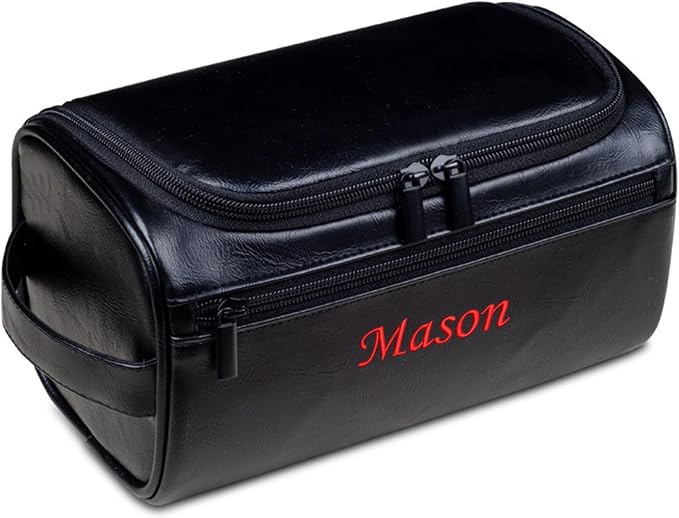 GOPHIE Personalized Embroidered Men's Leather Toiletry Bag,Travel Toiletry Bag for Men,PU Leather Waterproof Travel Shaving Dopp Kit (1, Black) by GOPHIE