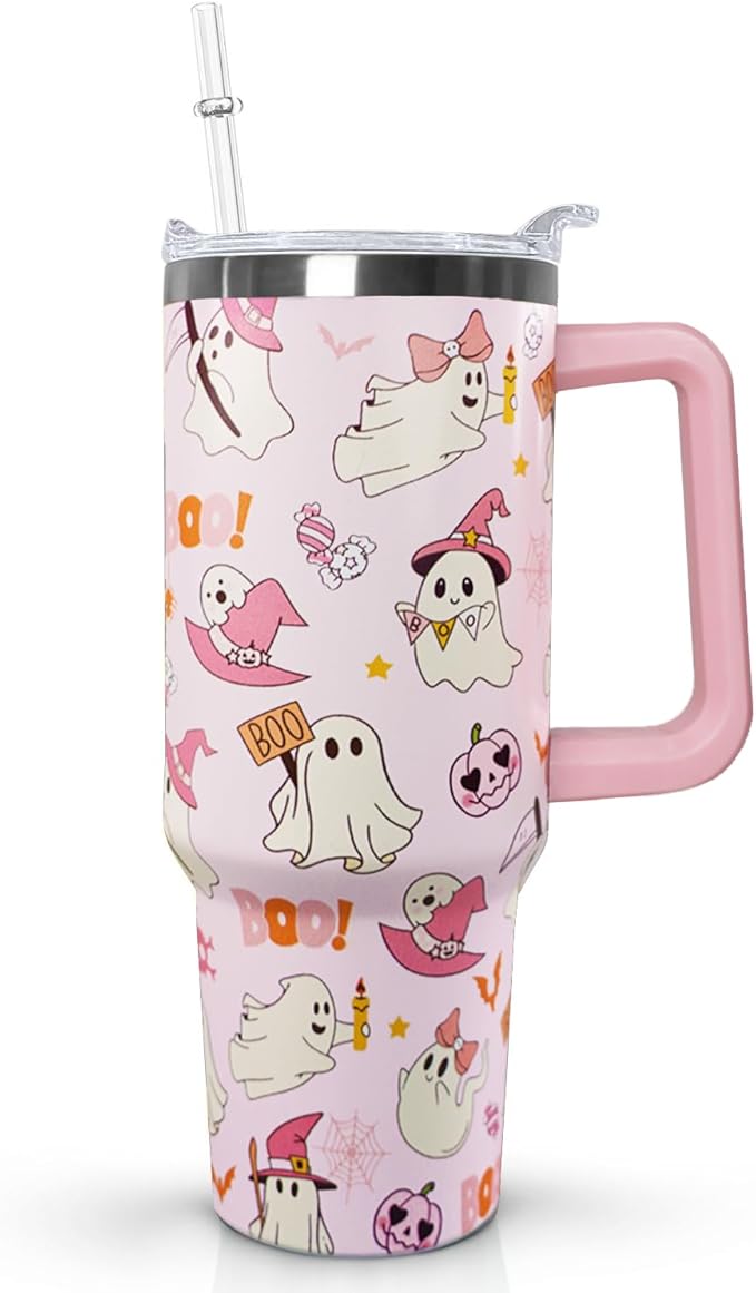30 oz Halloween Pink Boo Tumbler Insulated Stainless Tumbler,Goth Ghost Travel Coffee Cup Water Botter, Witch Goth Decor Halloween Gifts For Women