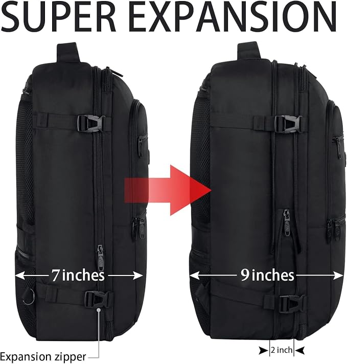 Vancropak Carry on Backpack for Airplanes, 45L Expandable Travel Backpack | Flight-approved Luggage Suitcase Daypack, Water-resistant, Lightweight Business Overnight Weekender Bag for Men Women, Black - Image 3