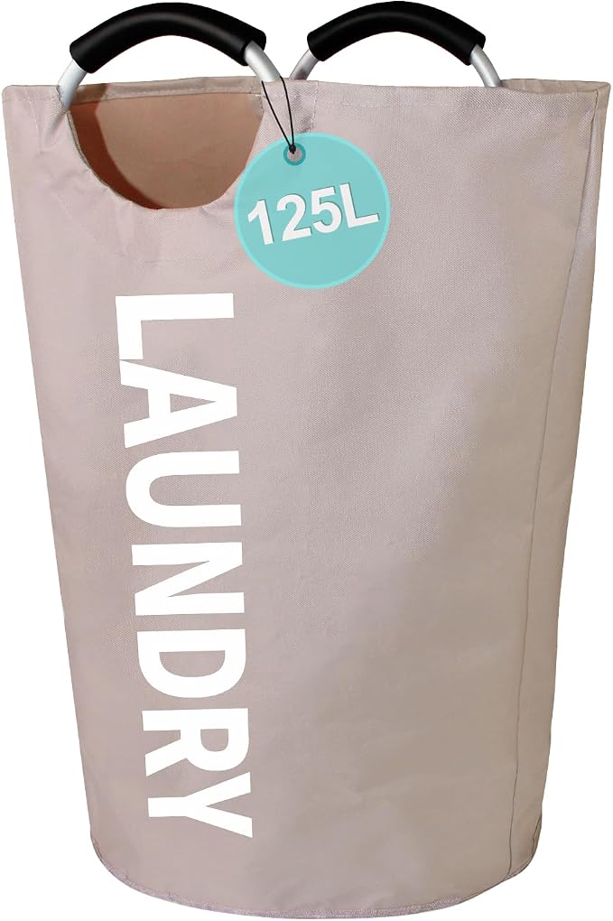 WOOHA 125L Large laundry basket,Collapsible laundry hamper, Tall Clothes Baskets Folding Washing Bin Foldable Fabric Hamper Bags for Bedroom, Closet,Bathroom,College,laundry bag,khaki by WOOHA