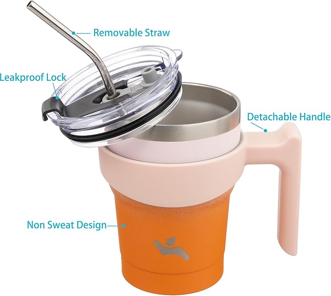 10 oz Tumbler with Handle and 2 Straw 2 Lid, Insulated Water Bottle Stainless Steel Vacuum Cup Reusable Travel Mug,Coral