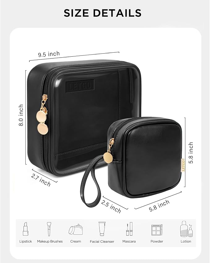 LETGO TSA Approved Toiletry Bag, Clear Makeup Bags with Small Makeup Bags for Purse, Quart Size PVC Cosmetic Bags for Women and Men (No Handle-Black, Large+Mini) - Image 2