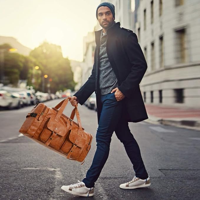 Zeroway PU Leather Travel Duffel Bag with Shoe Pouch Large Carry on Bag Waterproof Weekender Overnight Bag for Men Women Brown - Image 6