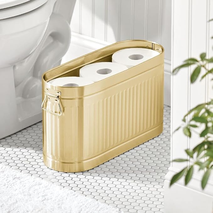 mDesign Large Steel Free Standing Toilet Paper Organizer, 6-Roll Tissue Storage Holder Container for Bathroom Floor, Fits Under Sink, Vanity, Shelf, In Cabinet, or Corner Oscar Collection - Soft Brass - Image 2