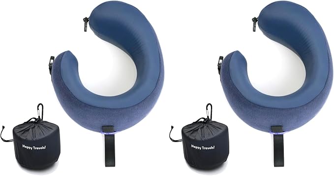 C CUSHION LAB Travel Pillow, Award-Winning Patented Ergonomic Design for Chin & Neck Support Memory Foam Neck Pillow, Compact Airplane Pillow for Traveling, Flight, Car (Navy, Medium) (Pack of 2) by CUSHIONLAB