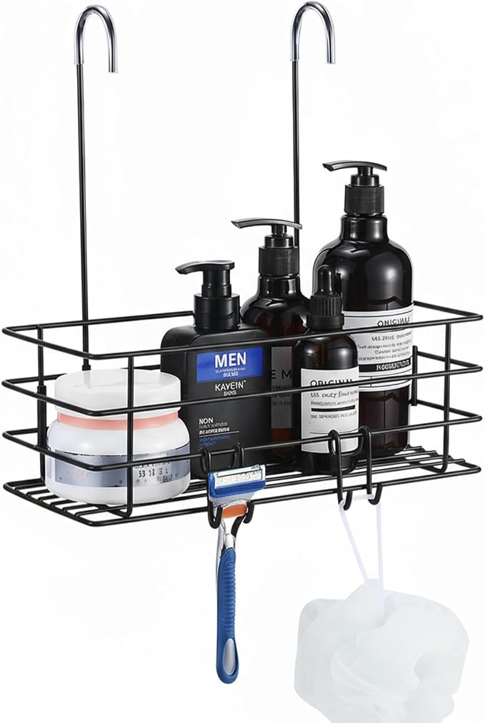 Shower Caddy Hanging Shower Orangizer Stainless Steel Shower Rack with Hooks Over The Door, Shampoo Basket Storage (Black) by Seltomer