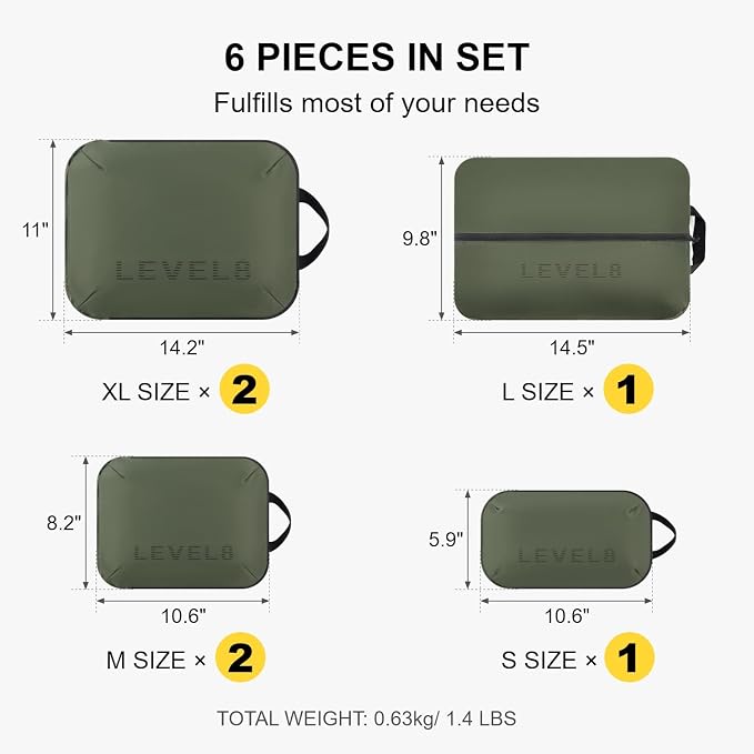 LEVEL8 Compression Packing Cubes for Suitcase, 6 Set Travel Bags with Shoe Organizer, Packing Organizers Travels Accessories in 4 Sizes (Extra Large, Large, Medium, Small), Green - Image 2