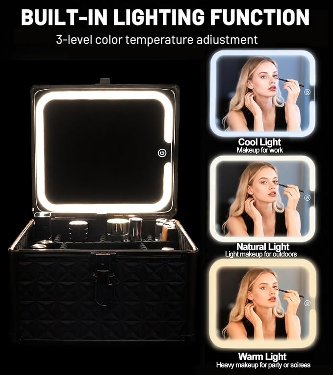 Makeup Case with LED Mirror, Portable Lockable Vanity Case, Travel Makeup Train Box for Women, Cosmetic Organizer, Detachable 3-Color Lighted Mirror, Adjustable Dividers, Brush Holder - Image 3