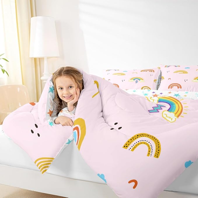 Rainbow King Comforter Sets For Girls, Kawaii Cartoon Cloud Duvet Insert, Girly Iridescent Down Comforter With 2 Pillow Cases Hand Drawn Rainbow Quilt For Kids Boys Children Women Bedroom, Pink - Image 6