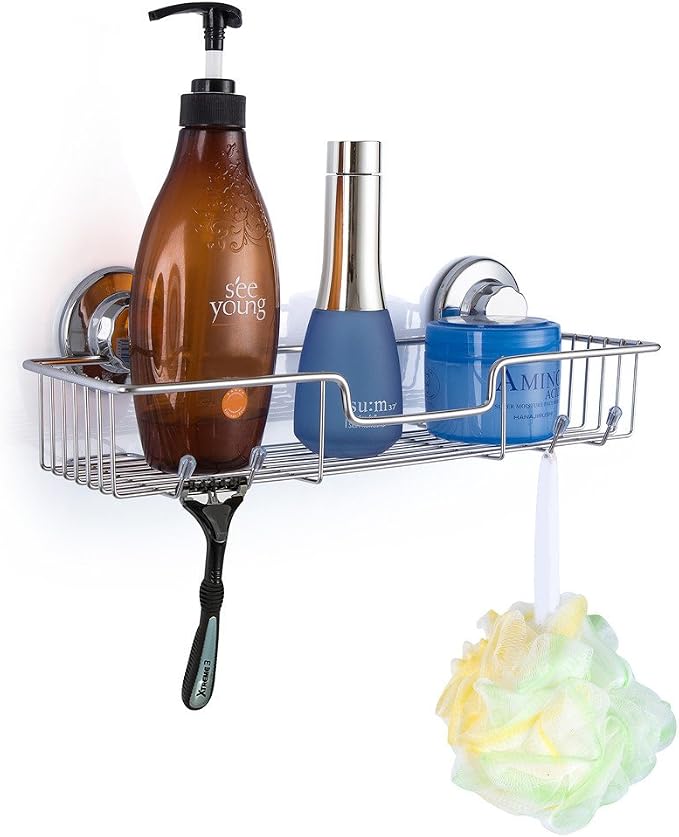 SANNO Suction Cup Shower Caddy with Hooks,Powerful Suction Cup Bathroom Shower Caddies,Bath Shelf Storage Combo Organizer Basket, Bathroom Accessories for Shampoo Conditioner set of 2 - Image 3