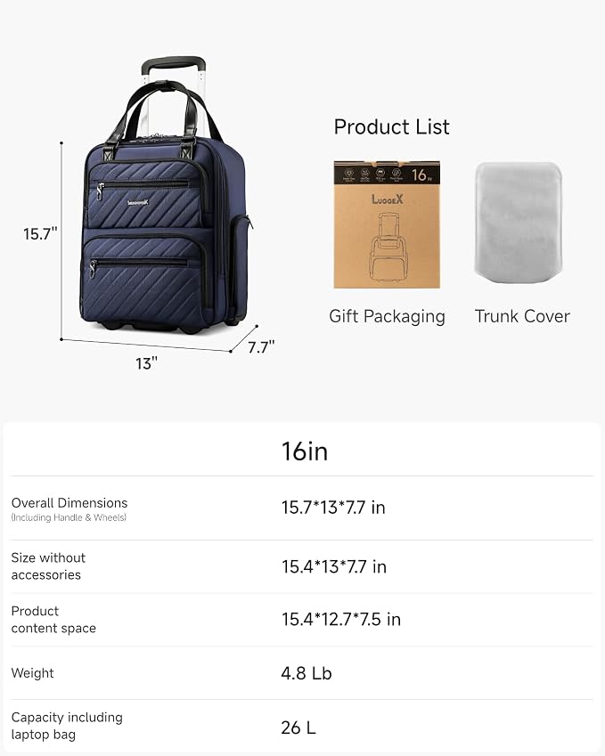 LUGGEX Underseat Carry On Luggage with Wheels, UDK Stylish Lightweight Under Seat Luggage, Soft Sided Personal Item Suitcase for Short Trip (UX-Core, Blue Black, 16 Inch) - Image 7