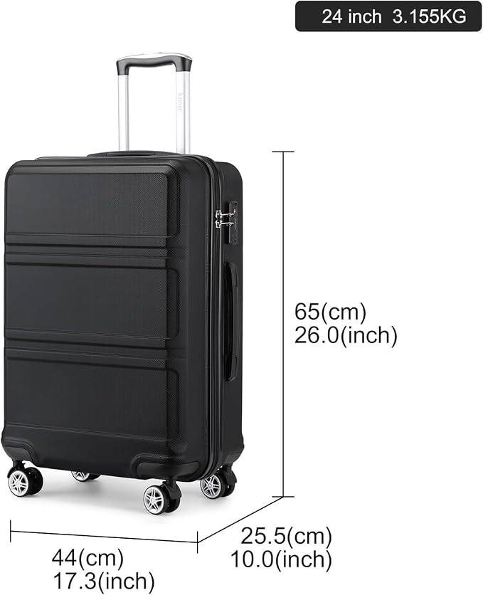 Kono 24 Inch Luggage Suitcase with Spinner Wheels TSA Lock | Lightweight PC+ABS Hardside Medium Checked Luggage Durable Rolling Suitcase Black - Image 8