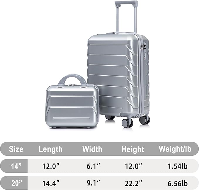 Gradient Color Suitcase 2-Piece Set, 20" Rotating Wheel Suitcase with 14" Cosmetic Case, Lightweight Durable Hardshell Luggage with 360° Spinner Wheels for Travel, Women & Girls (Silver) - Image 8