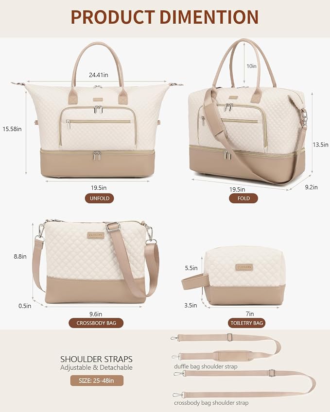 Weekender Bags for Women, Travel Duffle Bag Carry On Overnight Bag with Cosmetics Bag and Crossbody Purse for Gym Hospital, Gifts for Women, Beige Camel - Image 3