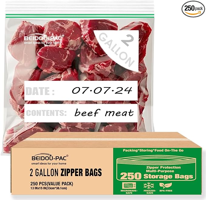 BEIDOU-PAC 2 Gallon Large Food Storage Freezer Bags, 250 Count | Double Zipper |13" * 15", Freshness Easy Open Reclosable Clear Plastic Bags by BEIDOU-PAC