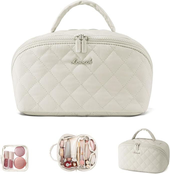 LOVEVOOK Travel Makeup Bag for Women, 2Pcs Puffer Waterproof Cosmetic Organizer, Large Capacity Pouch Open Flat Small Toiletry Bag with Brush Compartment & Handle (Off-white, Medium) by LOVEVOOK