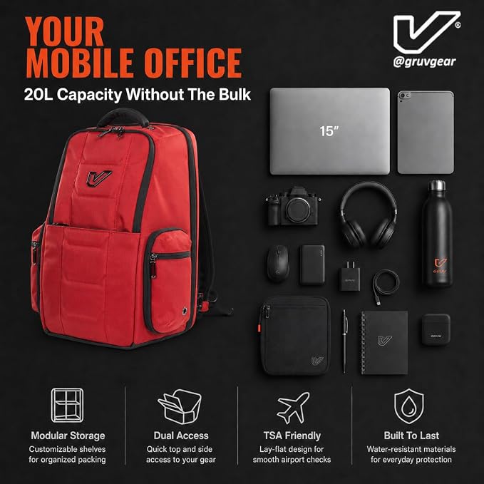 Gruv Gear Travel Laptop Backpack, 20L Red Tech Backpack with Modular Storage Shelves, Dual Access Pockets & TSA-Friendly Design, Compact Carry-On Backpack for Work, Travel & Everyday Carry - Image 6