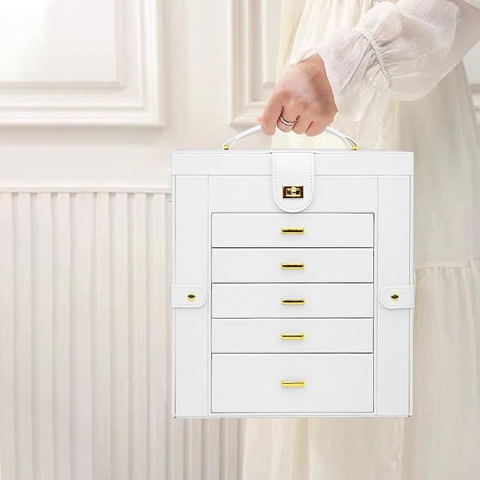 AKOZLIN 6-Tier Jewelry Box Organizer Functional 5 Drawers Leather Jewelry Storage Case for Women Girls Ring Necklace Earring Bracelet Holder Organizer with Mirror Extra Large White - Image 8