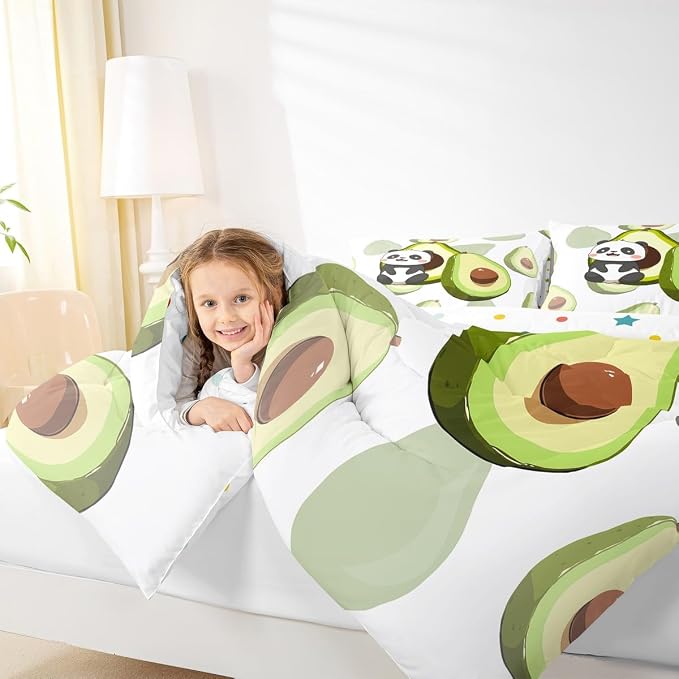 Erosebridal Panda Comforter Set King,Avocado Bedding Set Cute Black White Panda Bedding Bear Cat Bedding Comforter for Kids Boys Girls Green Tropical Fruit Quilt Duvet Set Room Decor 2 Pillow Cases - Image 6