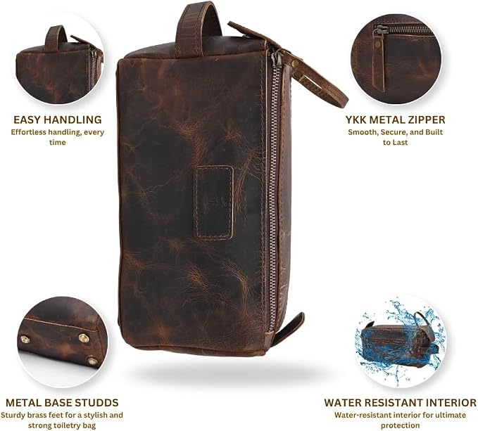 Toiletry Bag for Men Travel Essentials Shaving Dopp Kit Buffalo Leather, Handmade Vintage Distressed Waterproof Grooming Organizer Cosmetic Case Unisex Use, Brown - Image 3