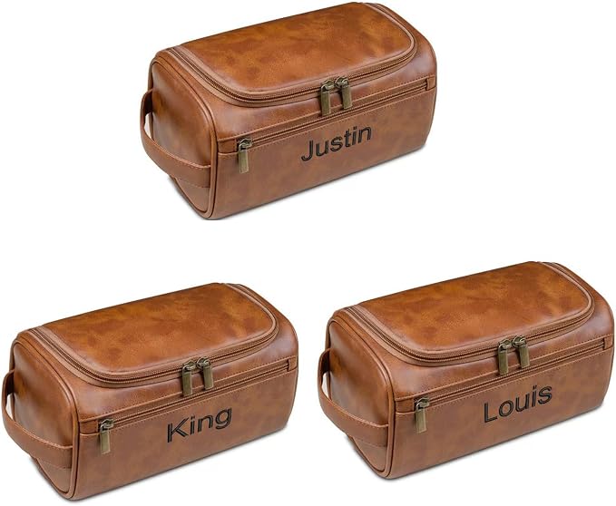 GOPHIE Personalized Embroidered Men's Leather Toiletry Bag,Travel Toiletry Bag for Men,PU Leather Waterproof Travel Shaving Dopp Kit (3, Light Brown) by GOPHIE