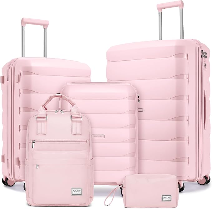 Luggage Sets 5 Piece, Large Suitcase Set with Spinner Wheels, Carry on Luggage Set with Backpack for women (3 piece set,Pink) by TRIPLAYER