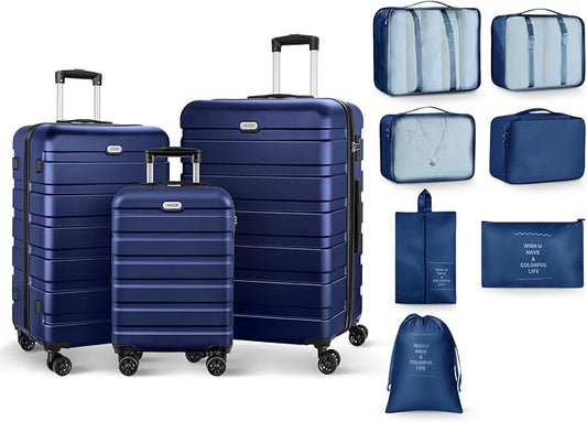 AnyZip Luggage Sets 10 Piece Hardshell Suitcase Set PC ABS Lightweight Travel Suitcases with 4 Double Spinner Wheels TSA Lock 20 24 28 Inch with 7 Storage Bags Dark Blue by YourBestTravelChoice