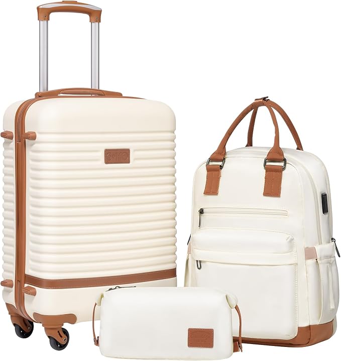 Coolife Suitcase Set 3 Piece Luggage Set Carry On Travel Luggage TSA Lock Spinner Wheels Hardshell Lightweight Luggage Set(White, 3 piece set (BP/TB/20)) | 360° Spinner Wheels;Multi-Functional Pockets with USB;Smart Trolley Sleeve;Water-Resistant Fabri... by COOLIFE