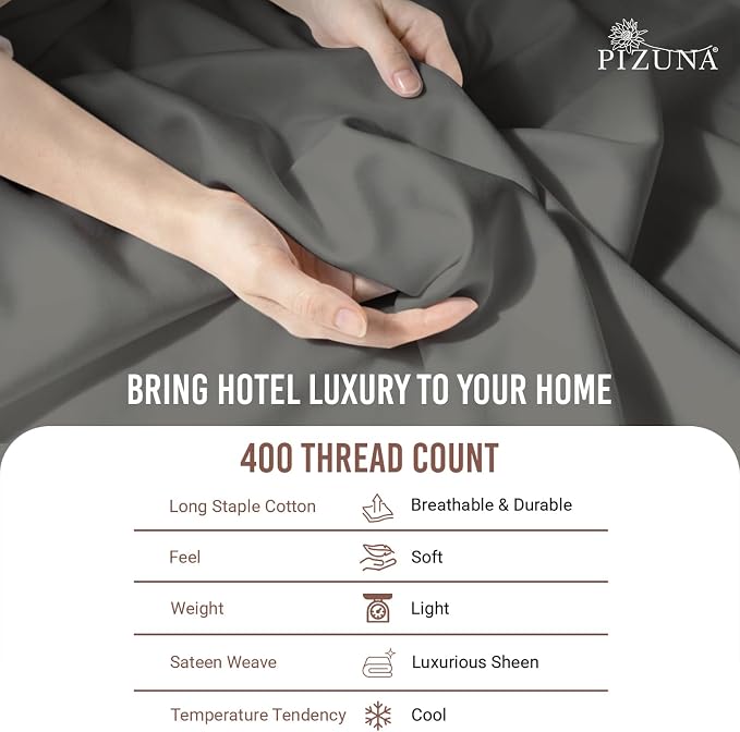 Pizuna Pure 100% Long-Staple Cotton Duvet Cover + Sheet Set Twin, Luxurious 400 Thread Count Long Staple Cotton, Soft Sateen Weave Bedding Set (Dark Grey) - Image 5