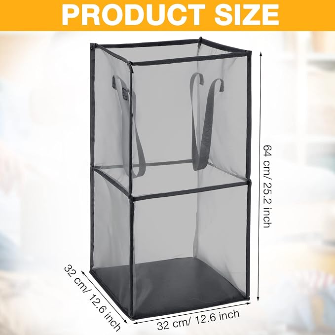 Zopeal 3 Pack Popup Laundry Hamper 13 Inch Collapsible Laundry Baskets with Handles Mesh Clothes Baskets Portable Foldable Clothes Hamper Square Bin for Washing (Black,Double-layer) - Image 2